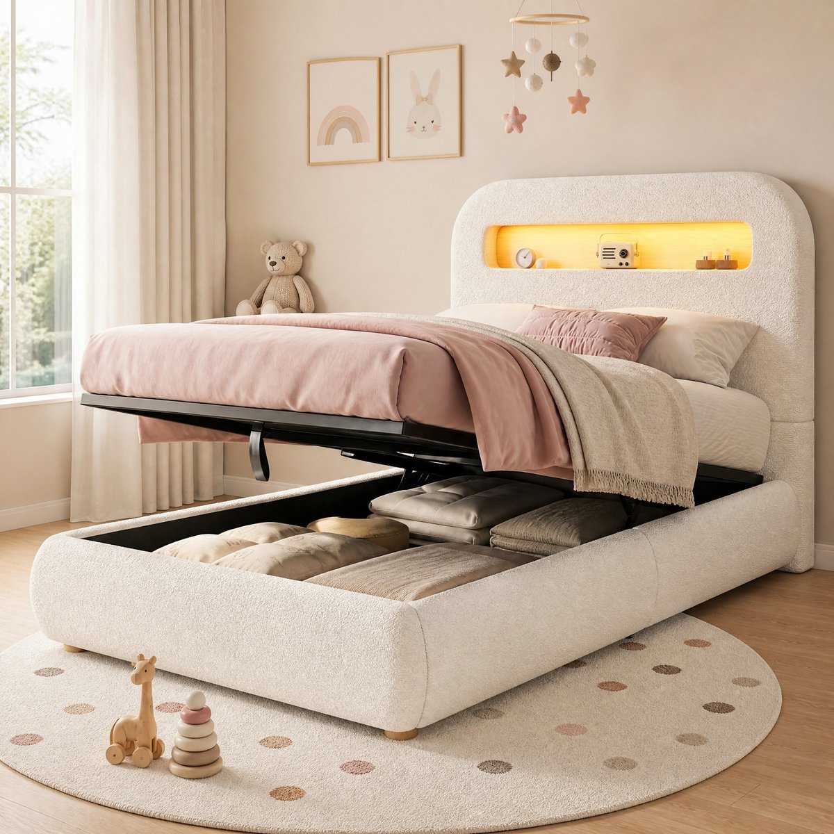HAUSS SPOLE Gestoffeerd Kinderbed 90x200 cm - Met Ledverlichting En Hydraulische Opbergruimte - Zonder Matras - Bouclé - Wit