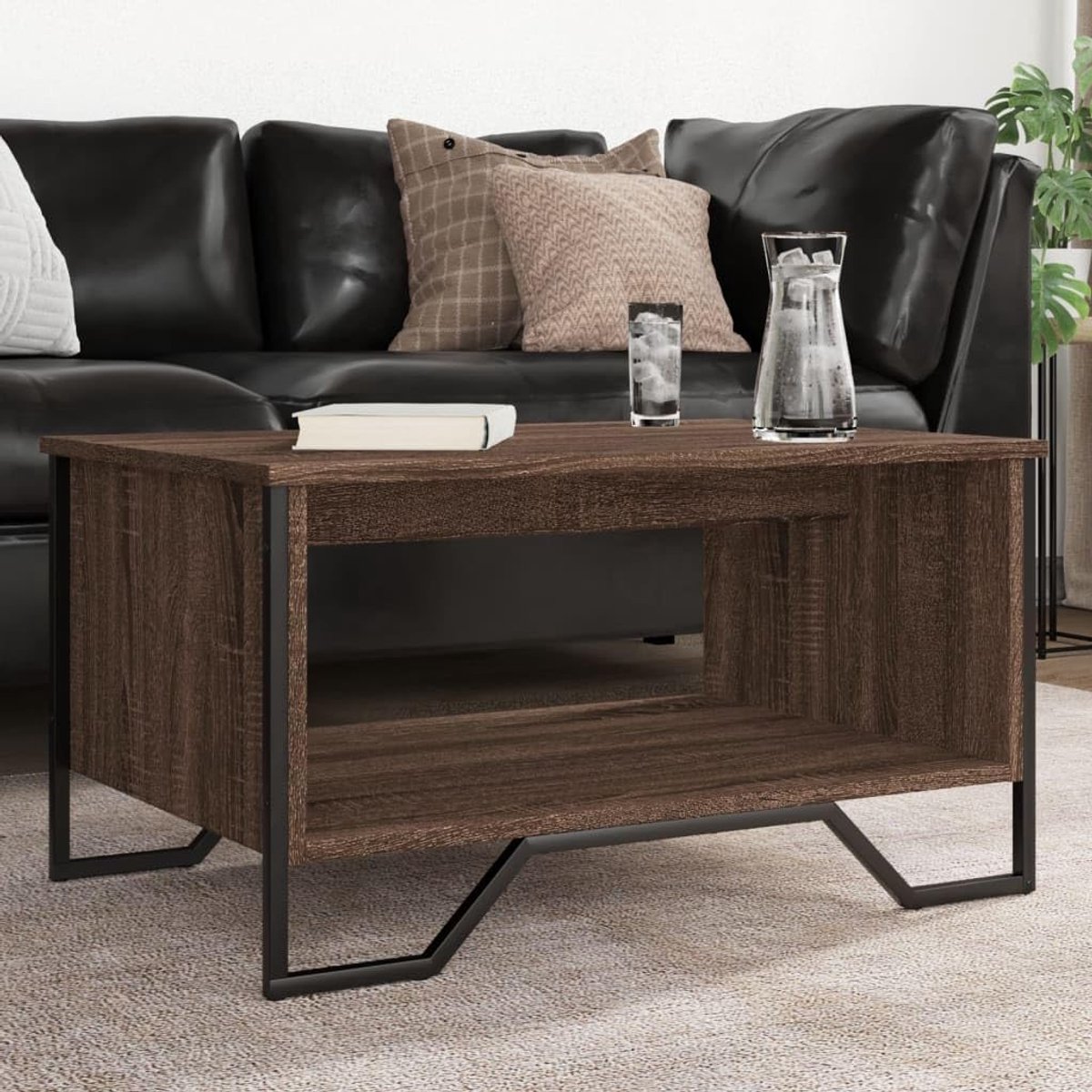 Salontafel Hout - Bijzettafel - Woonkamer Inrichting - Royale Opbergruimte - 75 x 51 x 40 cm - Bruin Eikenlook