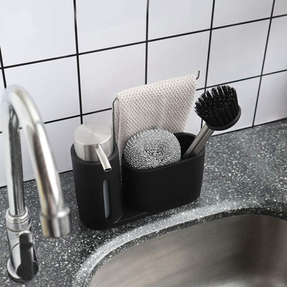 Keuken Organizer - Aanrecht Caddy - Keuken Opruimen - Met Zeepdispenser - 21x8x24 cm - Zwart