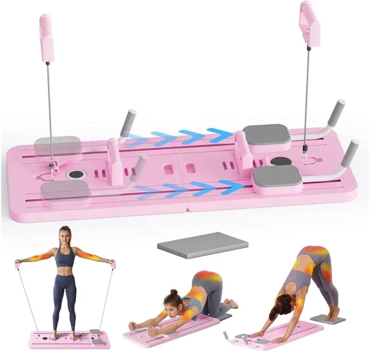 Fitness Trainingsbord - Buikroller met Banden - Kracht Training - Automatische Terugslag - Compact Formaat - Roze