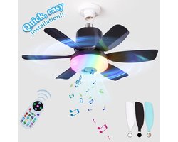Plafondventilator met verlichting en afstandsbediening met ingebouwde luidspreker - Zwart - Verbeterde RGB-versie - LEC020R - Drie windsnelheden - Kleine plafondventilator met verlichting, geschikt voor slaapkamers en woonkamers - Zwart - 47x18 cm