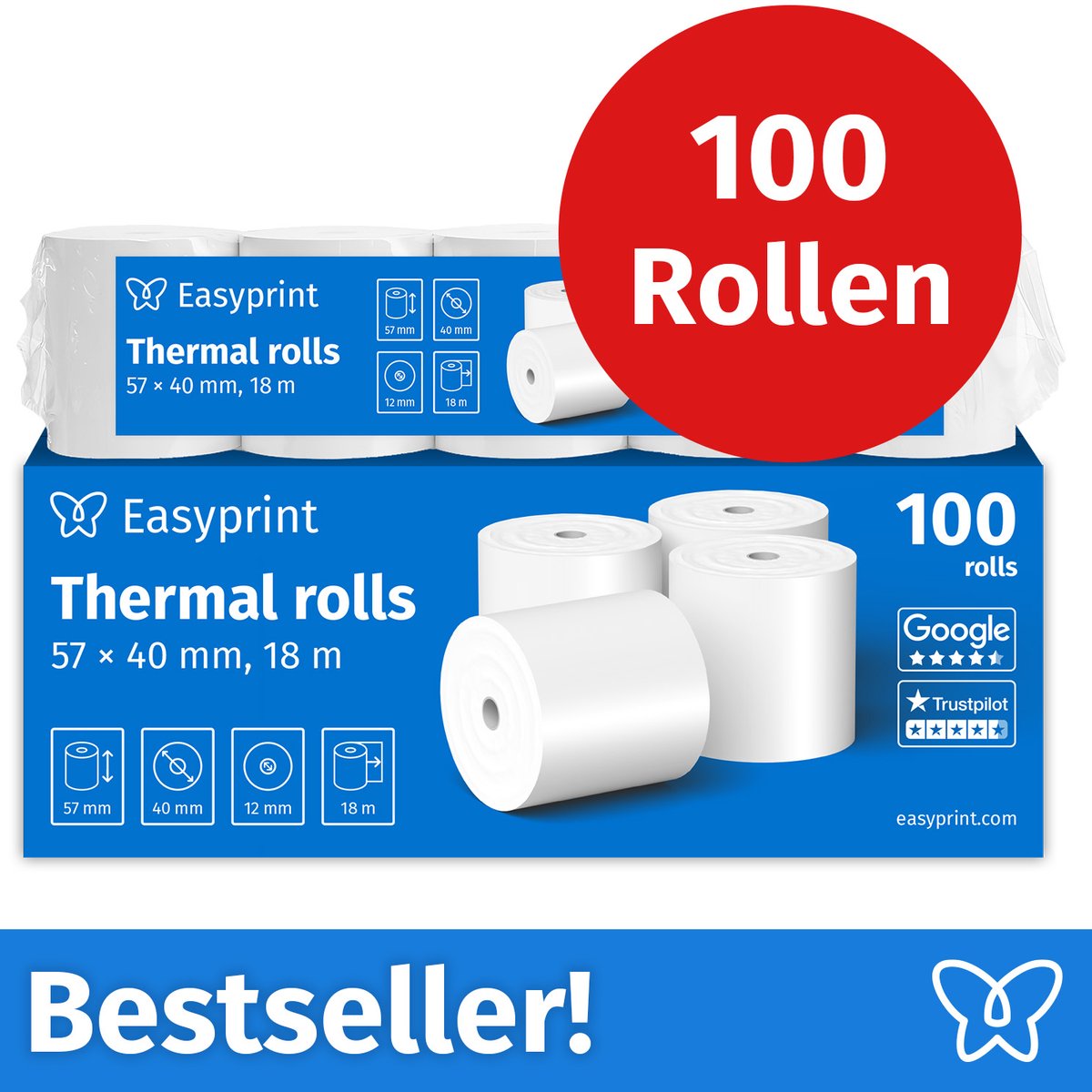 Easyprint thermorollen / kassarollen, 100 rollen, 57 mm x 40 mm x 12 mm, 18 m, PEFC, voor EPSON, IBM en vele andere merken.