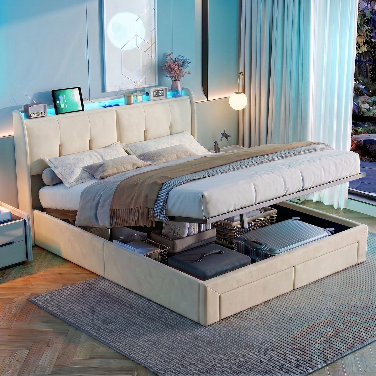 Tweepersoonsbed 160x200cm – Beige Fluweel – Gasveer Opbergbed met LED Hoofdbord, USB
