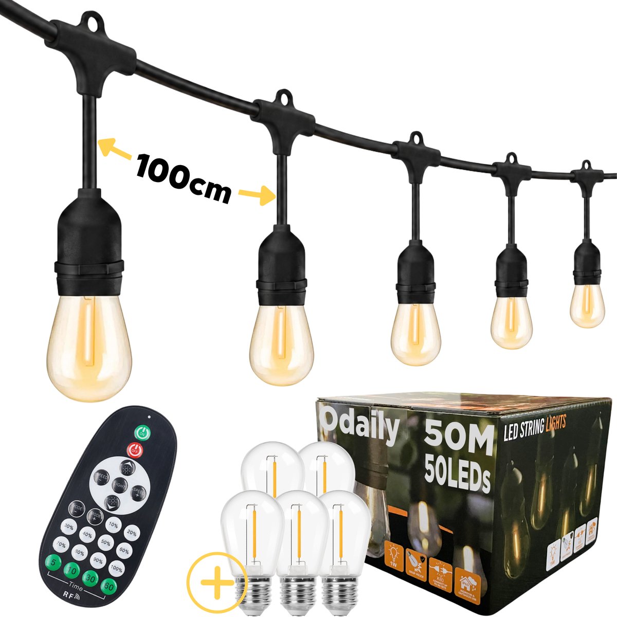 Odaily Lichtsnoer Buiten - 50 Meter - 50 LED Lampen - Warm Wit Licht - Dimbaar - Horecakwaliteit