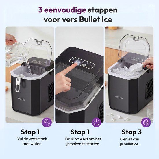 LOEFME Ijsblokjesmachine - Ijsblokjesmaker met IJsschep & IJsmand - 1,2L - 12kg/24u - 6 min - Zelfreinigingsfunctie - Zwart — afbeelding 4