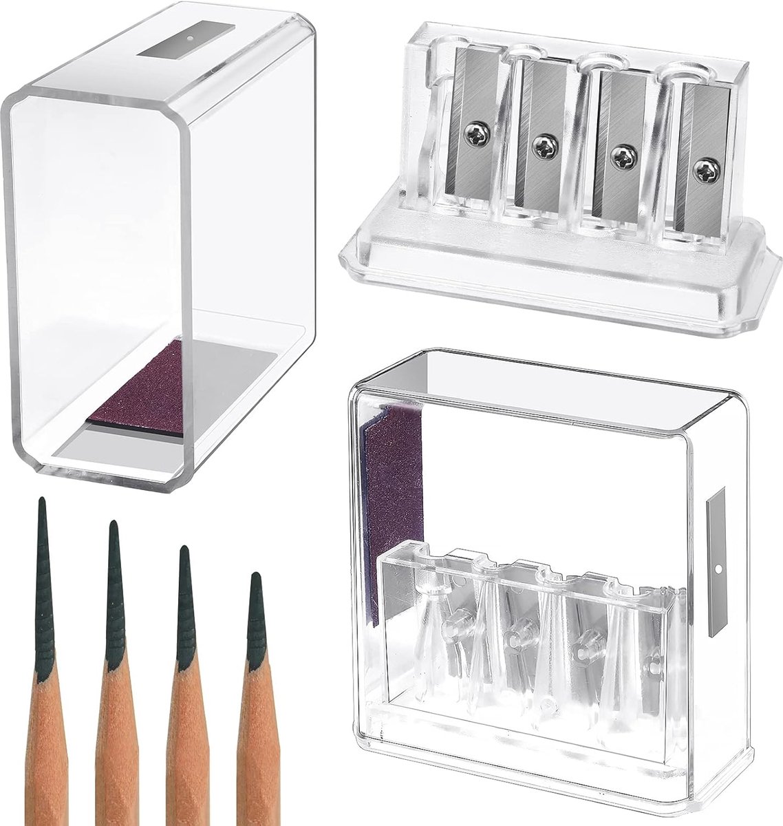 YAGXIG Puntenslijper - Puntenslijper - 2-delige handmatige puntenslijper voor houtbewerking - Met plastic beschermkap, 4 gaten - Handmatige puntenslijper - Speciaal voor kunstenaars - Voor schetsen, houtskool en kleurpotloden (transparant)