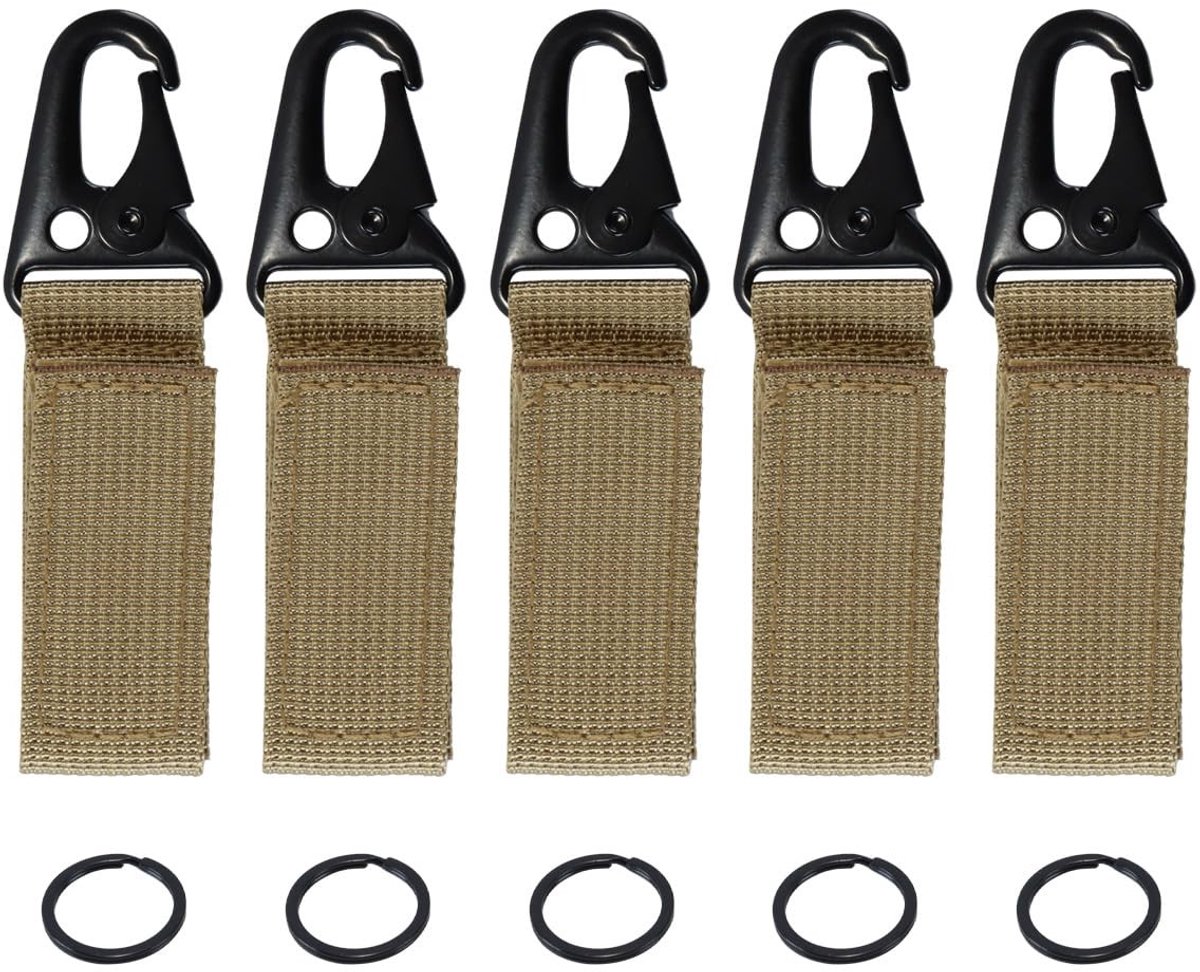 Dailygoods - Set van 5 riemclips, sleutelhangers, karabijnhaken, sleutelhouders met gespen voor outdoorsport, rugzakken, camping, caravans (kaki)