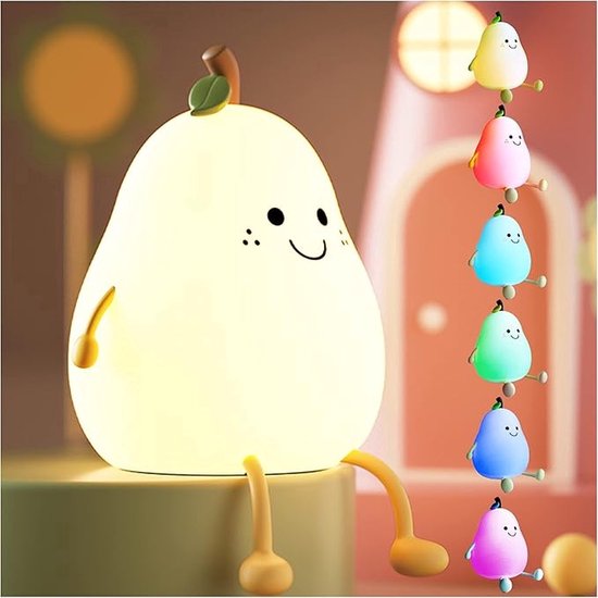 Kinder nachtlampje | Timer | veilig voor kinderen | USB oplaadbaar | LED | Peer | RGB kleuren | Babykamer verlichting