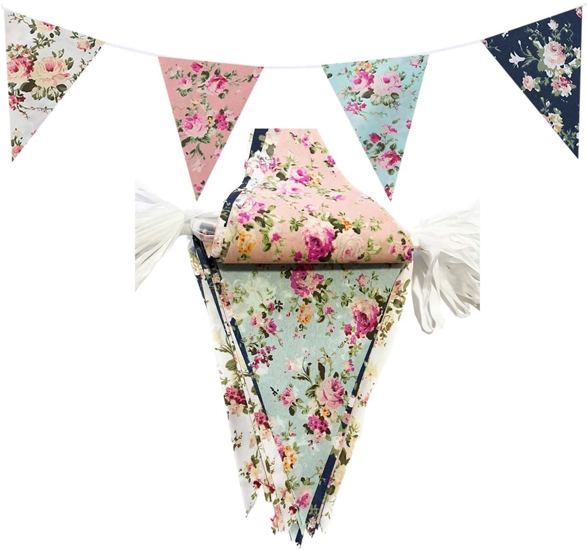 Dailygoods- Vlaggenlijn 20 Meter - Multi Color Stof - 50 Stuks Driehoekige Vlaggen - Bloemen Decoratie - Baby Shower/Verjaardag - Polyester Materiaal - Feestversiering