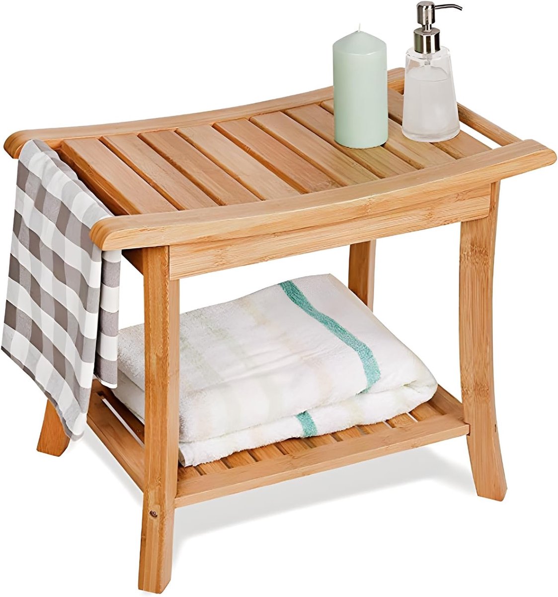 Douchebank Bamboe - Badkamer Zitje - Douchen en Opbergen - Met Handdoekhouders - 60 x 29.5 cm - Natuurlijk Bamboe