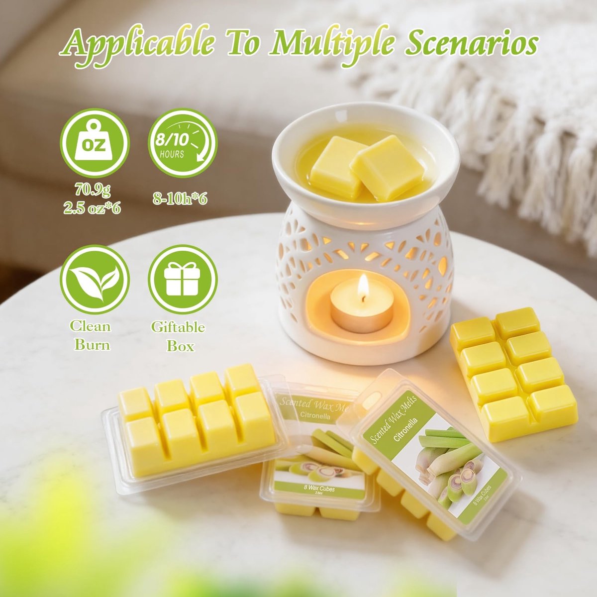 Dailygoods- Geurwas Citronella - Waxmelts - Geurblokjes - 6 Stuks - Sojawas - Etherische Citroengrasolie - Aangename Geur