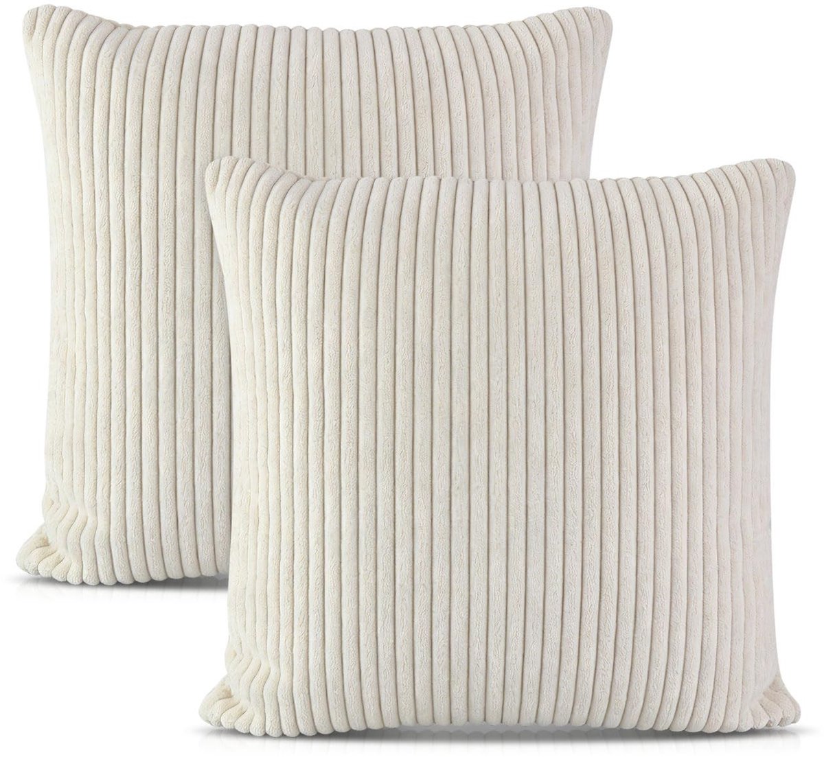 Dailygoods - Kussensloop, gestreept, 2 stuks, 45 x 45 cm, met verborgen ritssluiting, zacht corduroy, kussenovertrek, voor woonkamer, bank, slaapkamer, wit