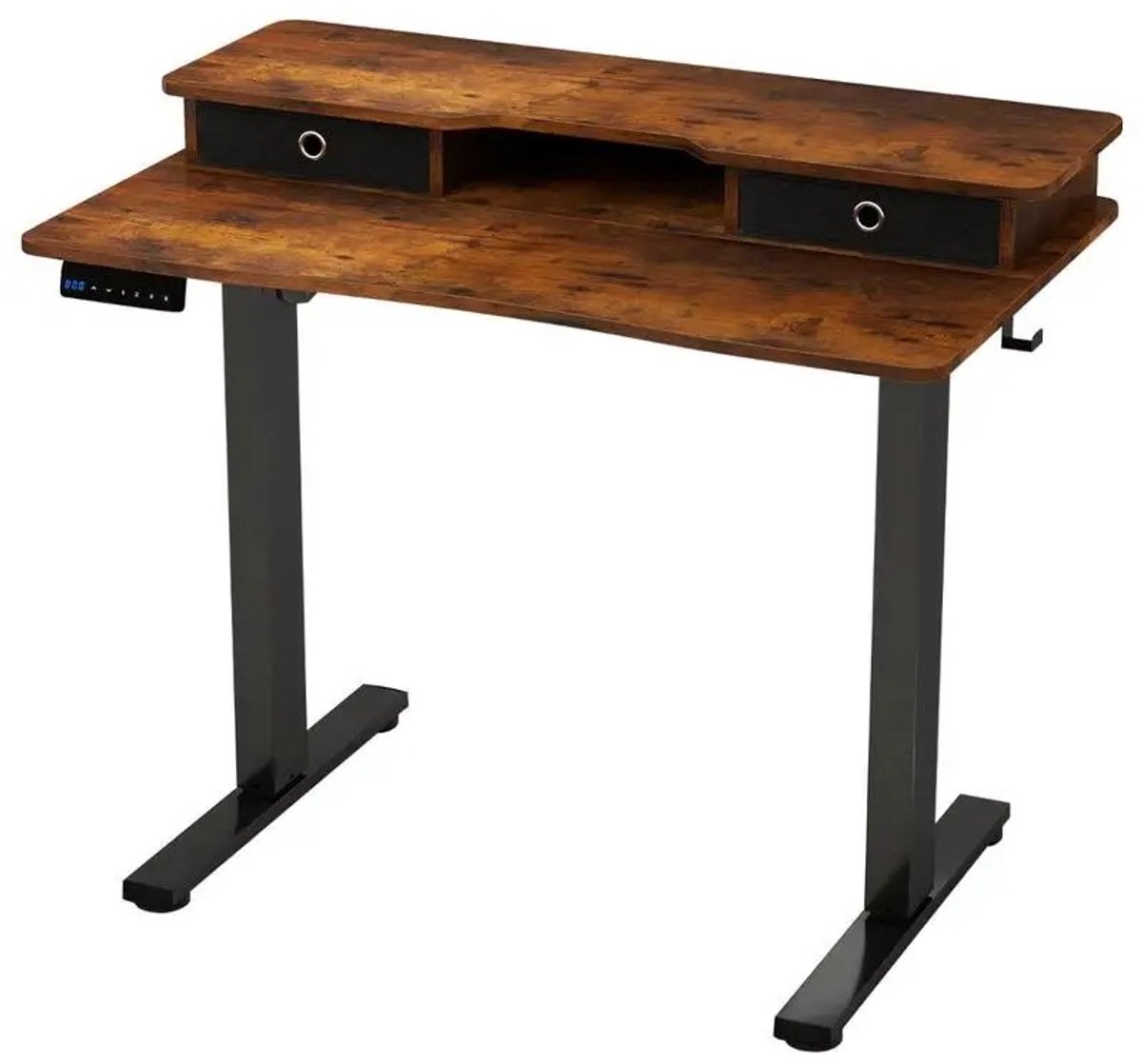 Dailygoods Elektrisch zit-sta bureau 100x60 cm met 2 laden, in hoogte verstelbare monitorstandaard, opbergplank, rustiek