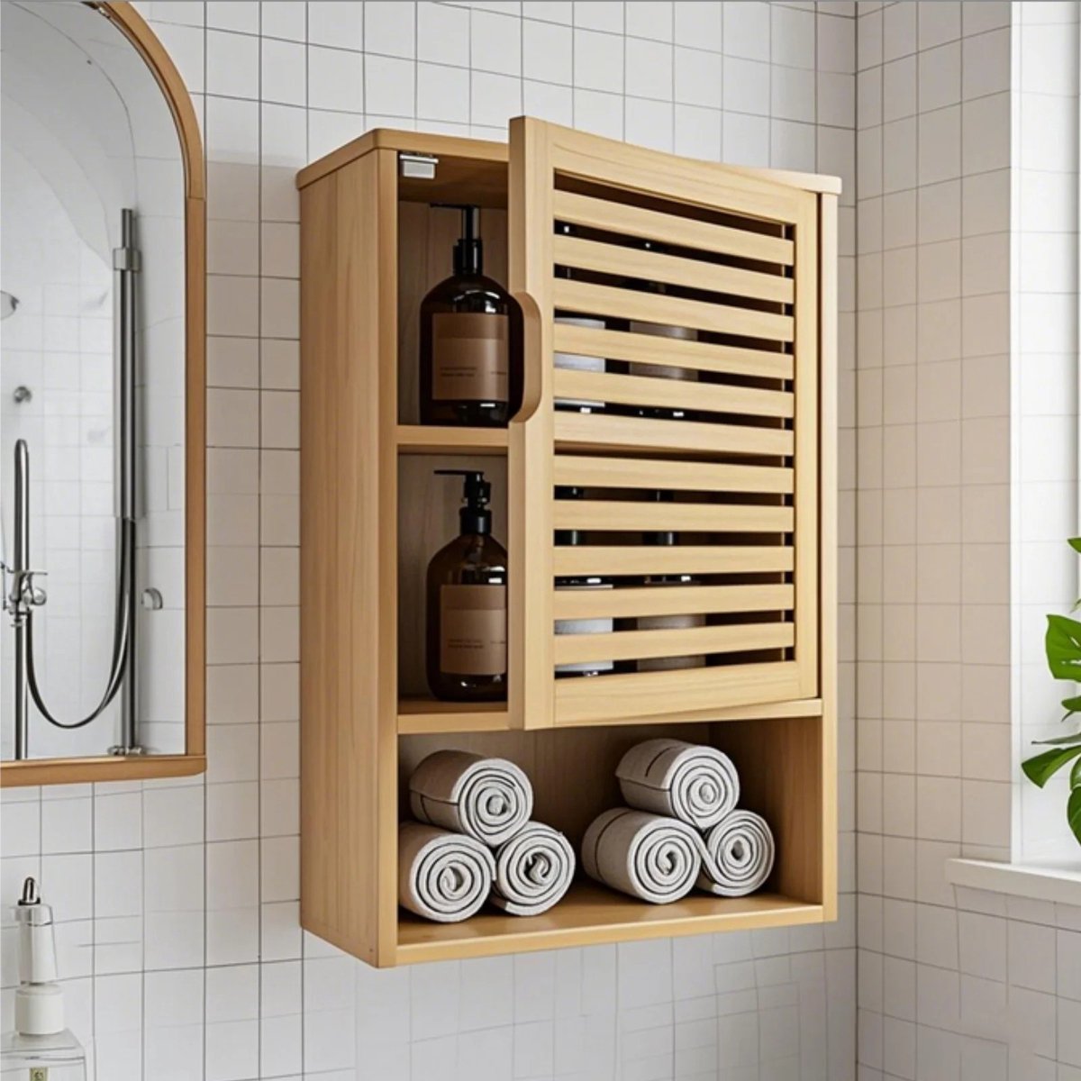 Dailygoods Wandgemonteerde badkamerkast, bamboe badkamerwandkast met deuren en verstelbare