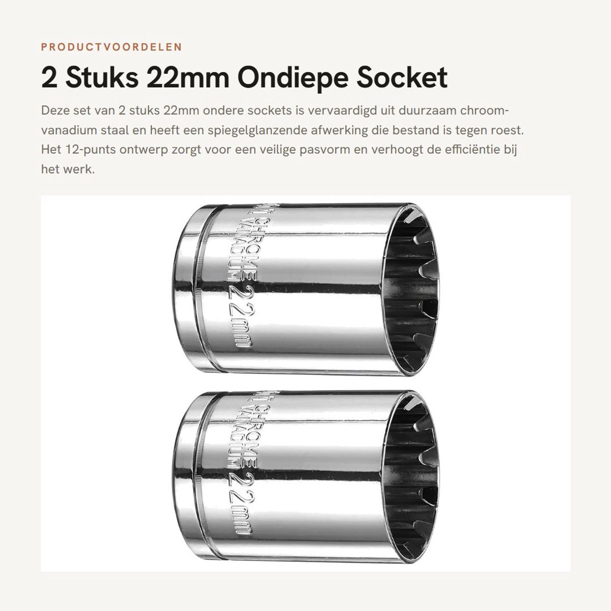 Dailygoods- Socket 22mm - 12-punts Ondiepe Socket - Chroom Vanadium Staal - Gepolijst Chroom Afwerking - Set van 2 - Geschikt voor Ratelsleutel - Doppen