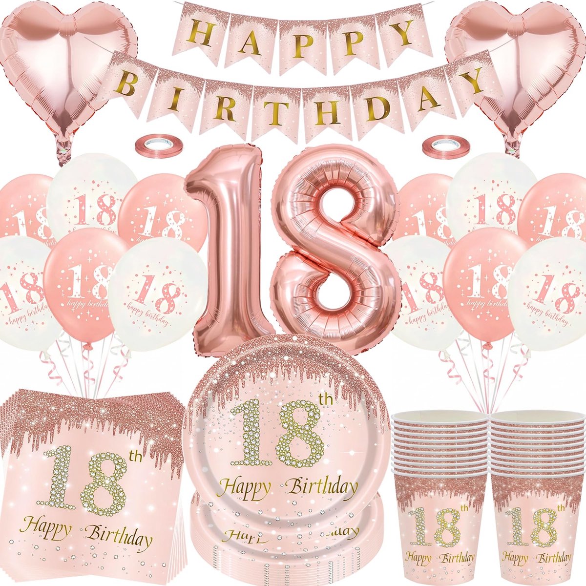 Dailygoods- Verjaardag Decoratieset 80-delig - Feestservies - Folieballonnen - Papieren Borden/Kopjes - Servetten - Happy Birthday Banner - Feestdecoratie