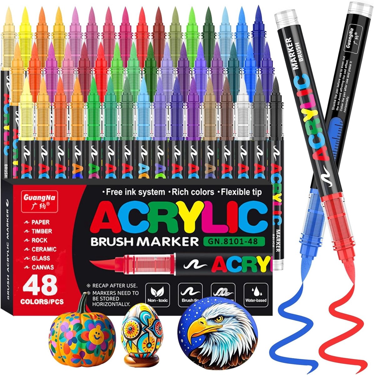 PromoHome 48-kleuren acrylverf pennen met penseelpunt - Markeerstiften voor steen, glas, stof, ei en doe-het-zelf kunstbenodigdheden