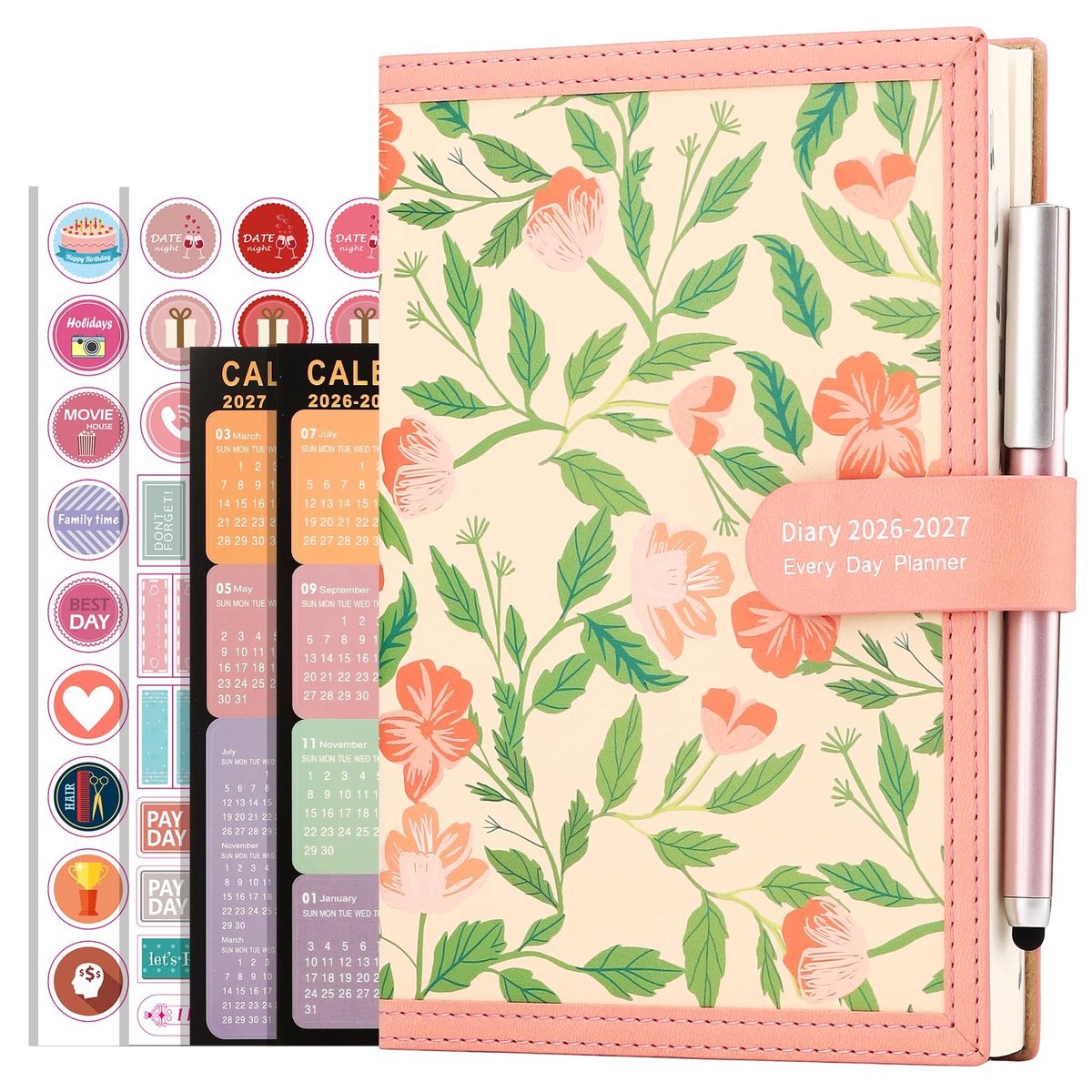 Dailygoods- Dagplanner A5 2026-2027 - Academisch - 1 Dag per Pagina - Zachte Kaft - Inclusief Pen/Stickers - 80gsm Papier - Agenda