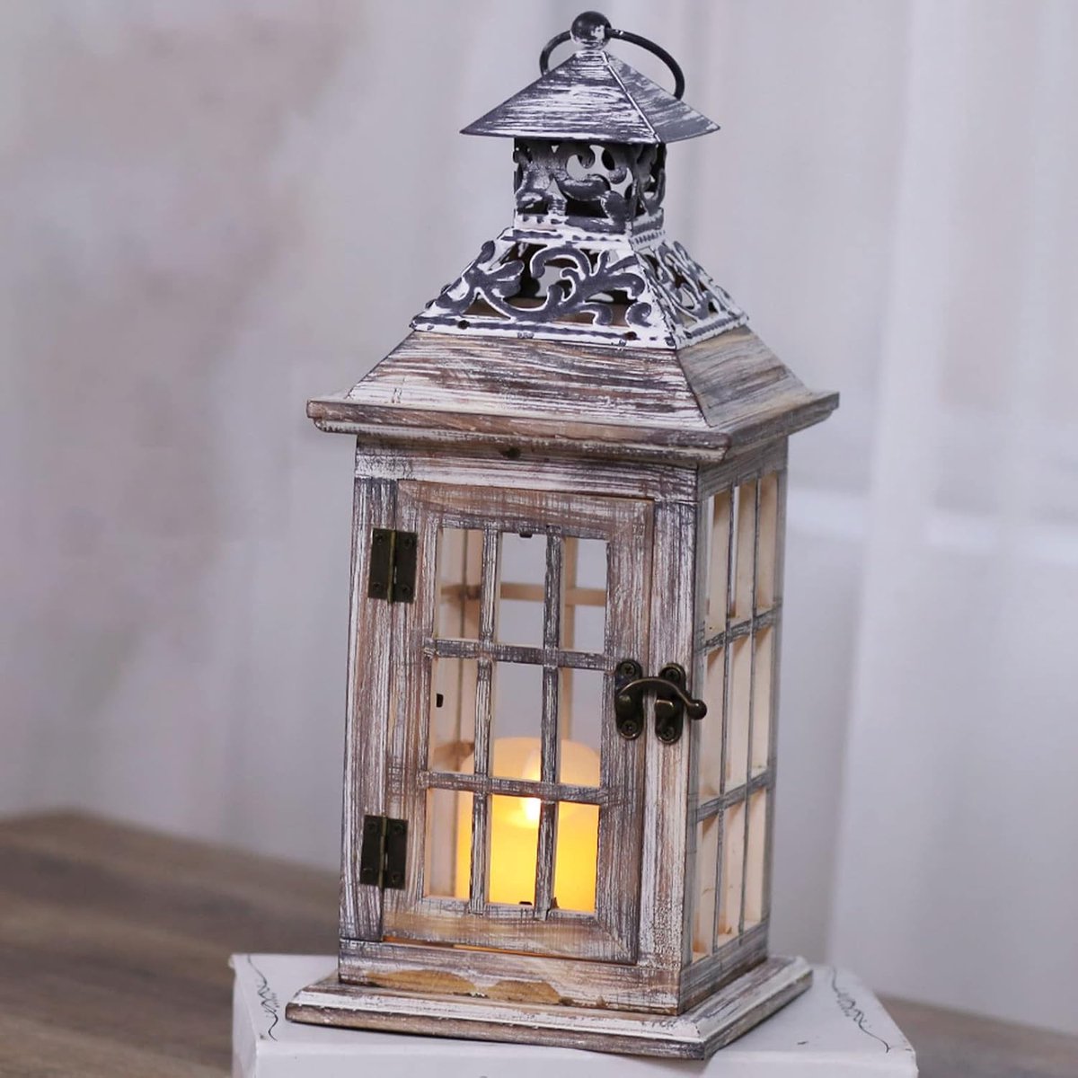 Kaars Lantaarn - Decoratieve Kandelaar - Sfeervolle Decoratie - Rustiek Hout Metaal - 4 Delig - Vintage