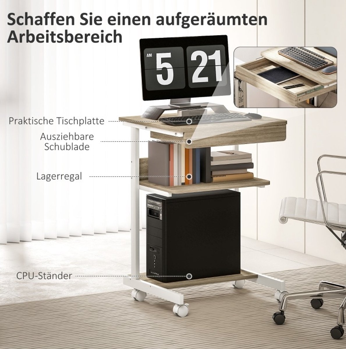 COVREO Bureau op wielen 56 x 51 cm oak wit, met lade en planken