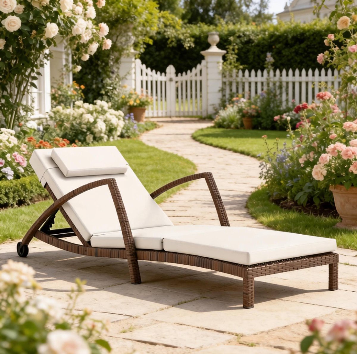MIVRAY Ligbed 185 Cm - Verstelbare Rugleuning Met 5 Standen En Wielen - Voor Tuin, Terras En Zwembad - Staal En Polyester - Beige Bruin