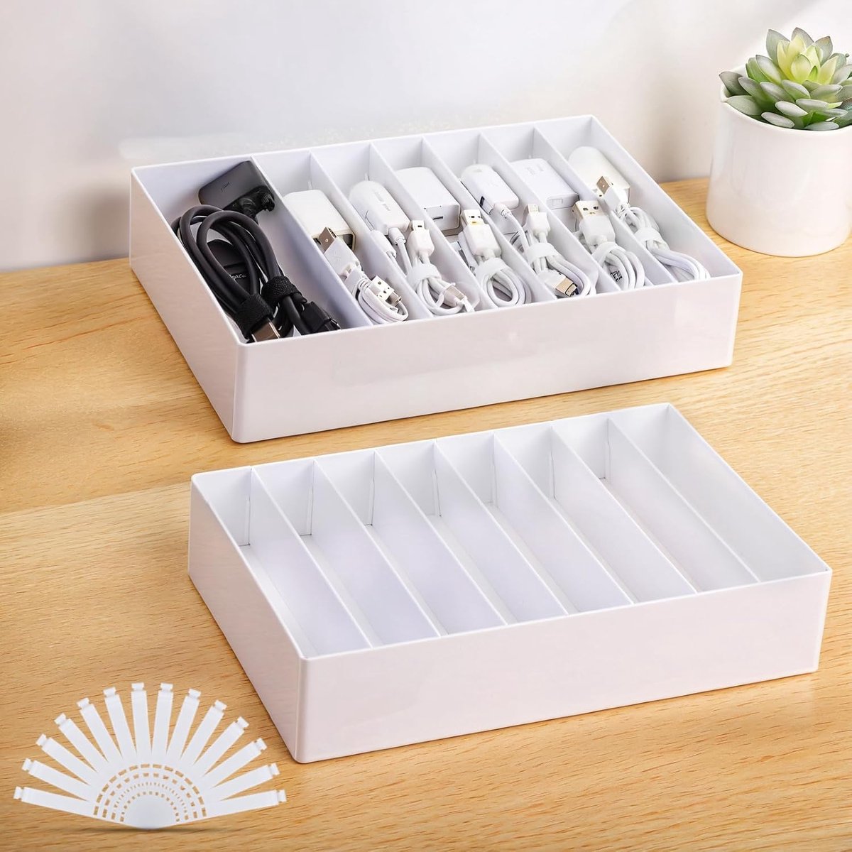 SnelShoppen - Grote Kabel Organizer Zonder Deksel 2-Pack, Witte Opbergdoos met Aanpasbare Compartimenten en 14 Siliconen Kabelbinders voor Oplaadkabel