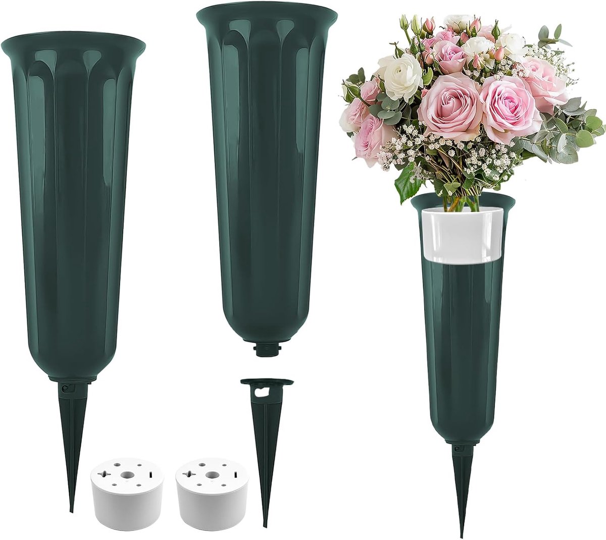 SnelShoppen - Set van 2 Plastic Grave Vazen met Grondspike, Duurzame Vaas Inzet voor Begraafplaats, Tuin, Courtyard, Grafdecoratie (Groen)