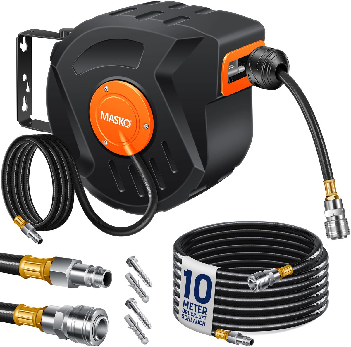 MASKO® Automatische Luchtslanghaspel 10 meter Luchtslang voor compressor 8-18 bar - Persluchtslang met Slanghaspel - Blauw