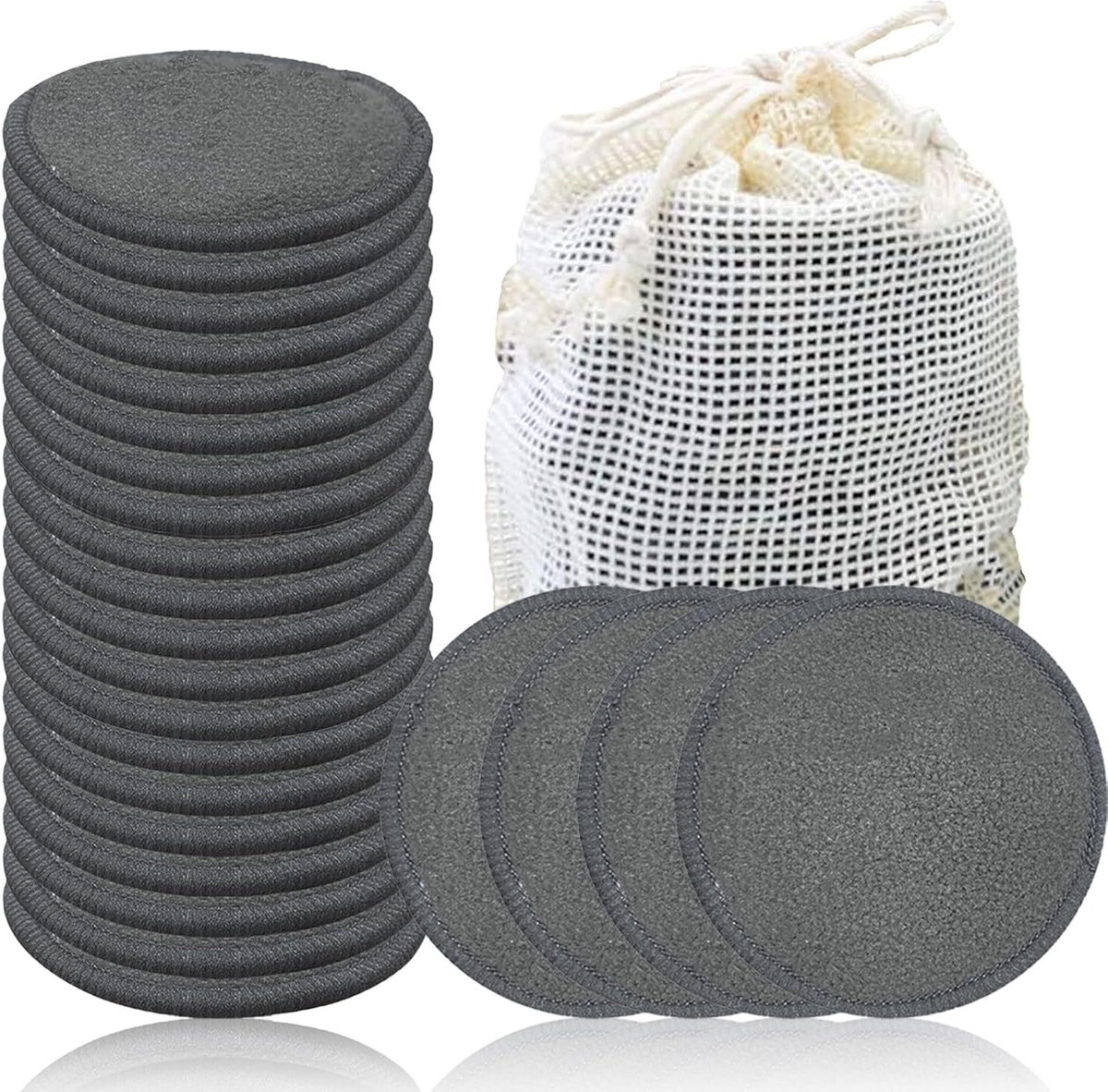 Verpakking met 20 make-up remover pads van bamboevezel, wasbare make-up remover pads van bamboekatoen, inclusief 1 opbergtasje. Gemaakt van zachte bamboevezel, wasbaar en geschikt voor dagelijkse make-up verwijdering en gezichtsreiniging,grijs