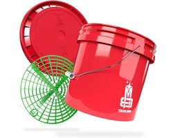 Autowas Emmer - Wasemmer Grit Guard - Auto Schoonmaken - Met Afneembaar Deksel - 13 Liter - Rood Groen