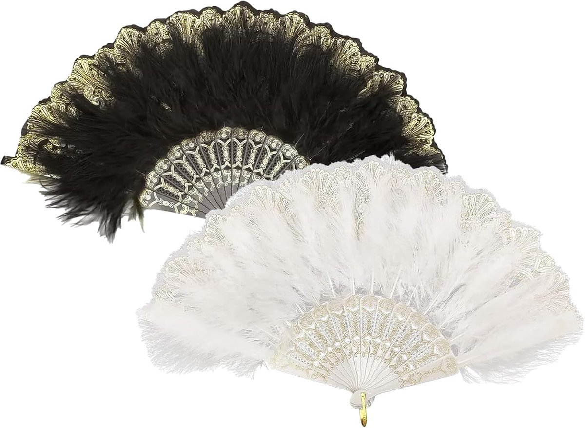 2 Pieces Women's Fan Feathers Feathers 20s Vintage Style Foldable Handheld Spring Lace Fan Feather for Wedding - ShopVlot