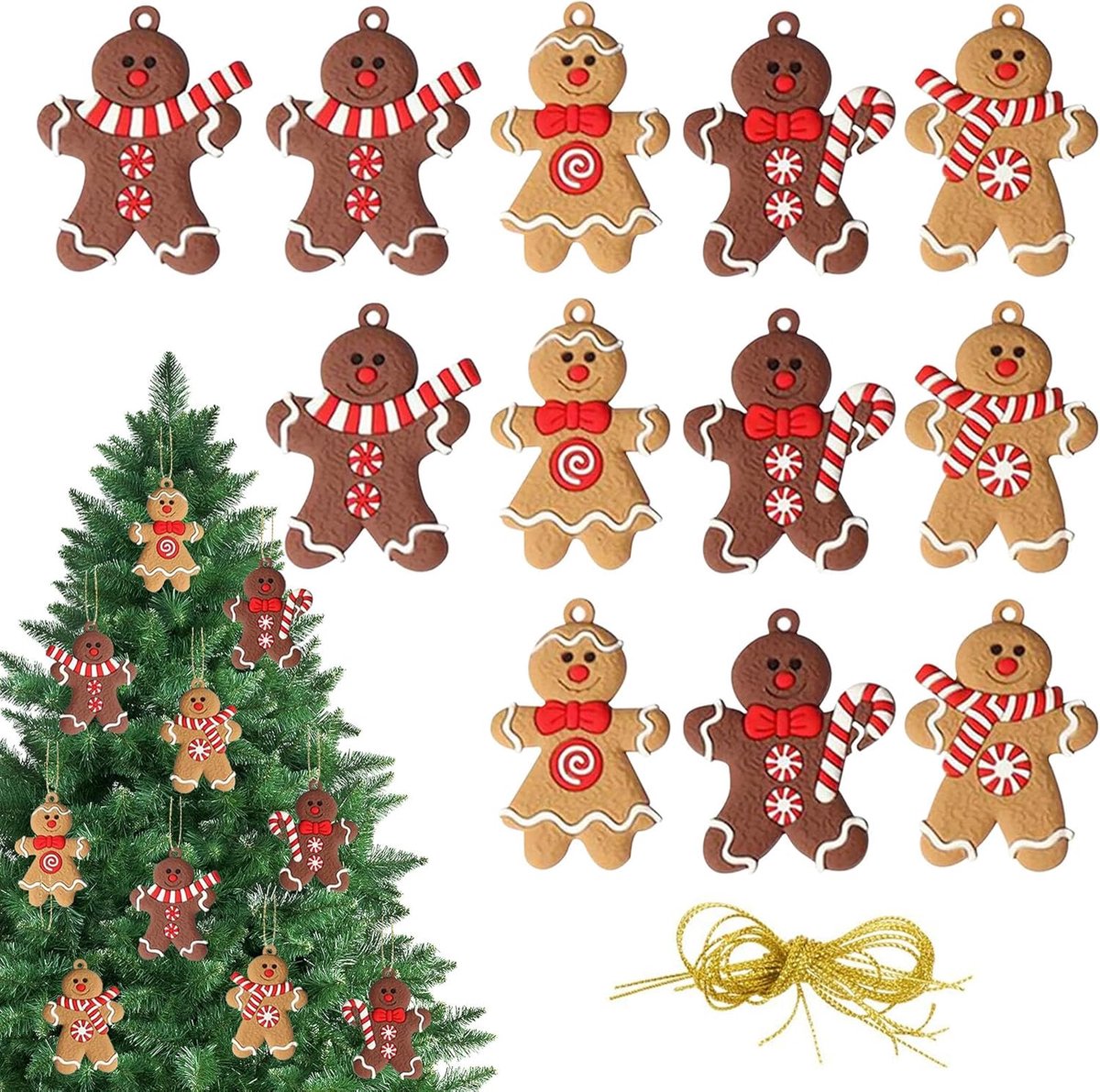 SnelShoppen - 12 Stuks Gingerbread Kerstboom Decoraties - Hangende Versieringen Mini Gingerbread Mannen met Touw - Kerstdecoratie voor Boom, Wreath, D