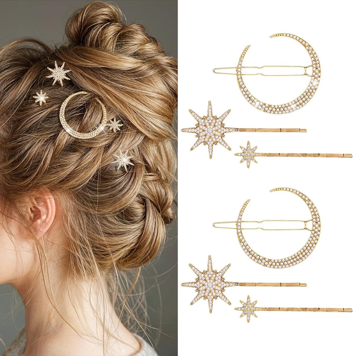 SnelShoppen - Pack van 6 Sterren en Maan Haarspelden met Rimpelsteentjes, Luxe Haaraccessoires voor Vrouwen en Meisjes, Gouden Haarclips voor Bruiloft