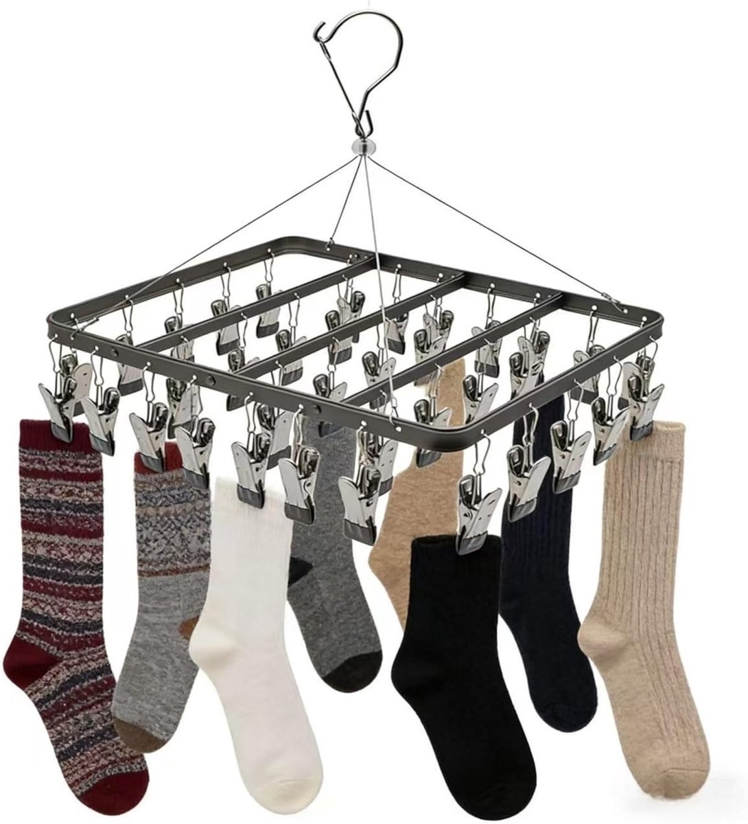 SnelShoppen - Metal Kleding Droogrek met 36 Clips, Winddichte Haak, Vouwbare Wasknijpers voor Sokken, Beha's, Ondergoed Hangers (Zwart)
