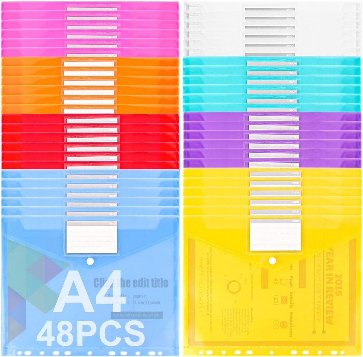 SnelShoppen - Set van 48 A4 plastic mappen, doorzichtige perforatie, met kliksluiting en labelvak, 8 kleuren, 11 gaten, waterbestendig, ideaal voor do