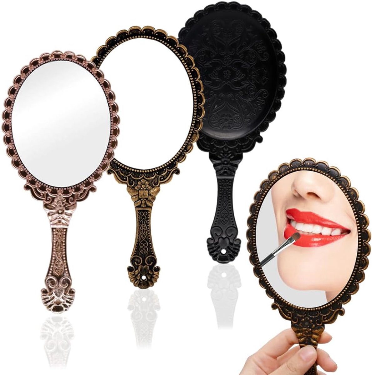 SnelShoppen - Pack van 3 Handspiegels, Retro Make-up Spiegels met Handvat, Compact en Portable, Vintage Oval Spiegels in Zwart, Roze Goud en Brons voo