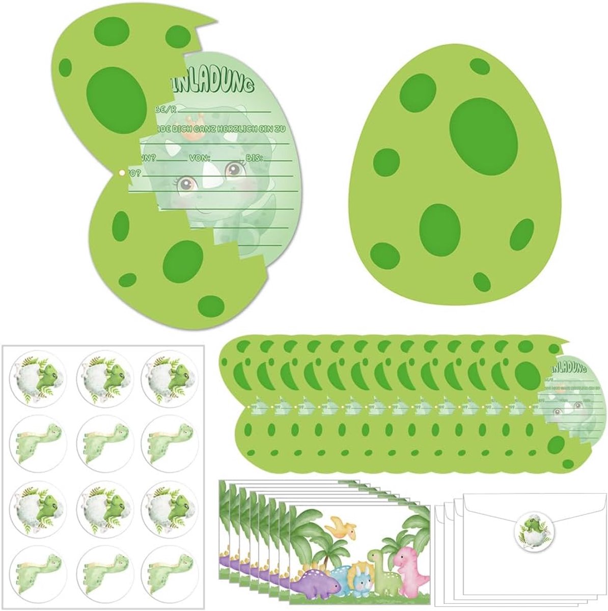 SnelShoppen - 12 Dino Uitnodigingskaarten voor Kinderverjaardag met 12 Enveloppen en Stickers - Kleurige Dinosaurussen voor Feestjes, Kinderen, Verjaa