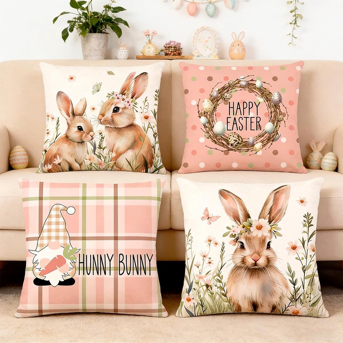 SnelShoppen - Moderne Pasen Decoratie van Katoen en Linnen, Rits, Strakke Zomen, Perfecte Print voor Feestdagen, Tuin, Keuken, 40x40 cm, Multikleur
