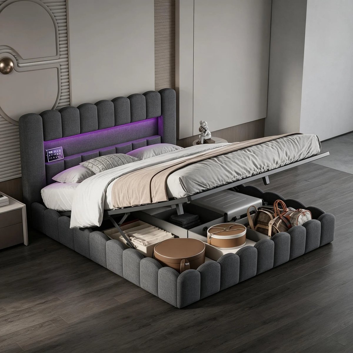 MEXUS Gestoffeerd Bed 180x200 cm Met Opbergruimte en Lattenbodem - Tweepersoonsbed Met USB-C - Hydraulisch Opbergbed Met LED - Linnen - Grijs - Zonder Matras