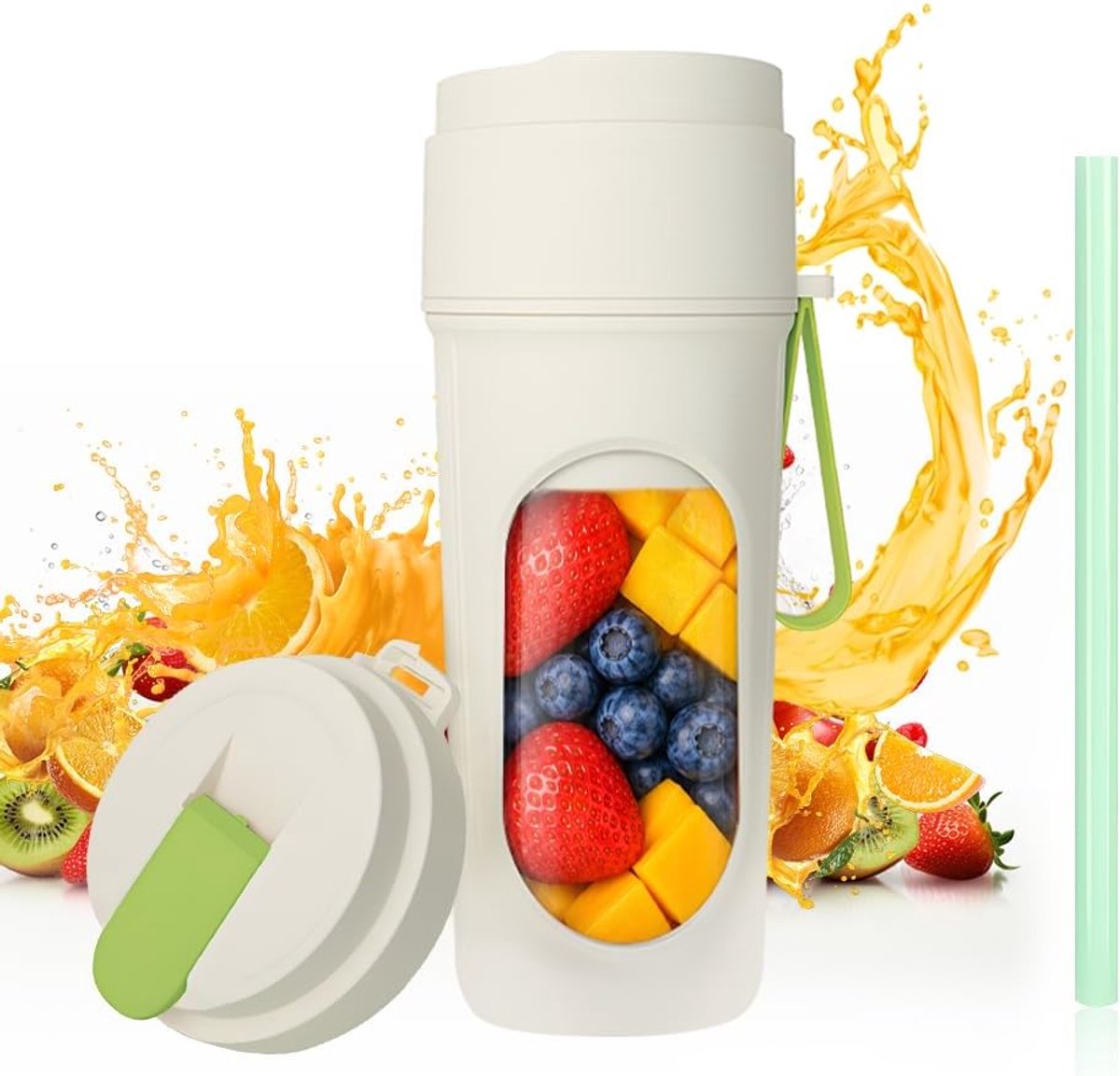 SnelShoppen - Draagbare blender voor smoothie, 450ml mini mixer, USB oplaadbare smoothie maker met dubbele bekerdeksel, 12 messen persoonlijke blender