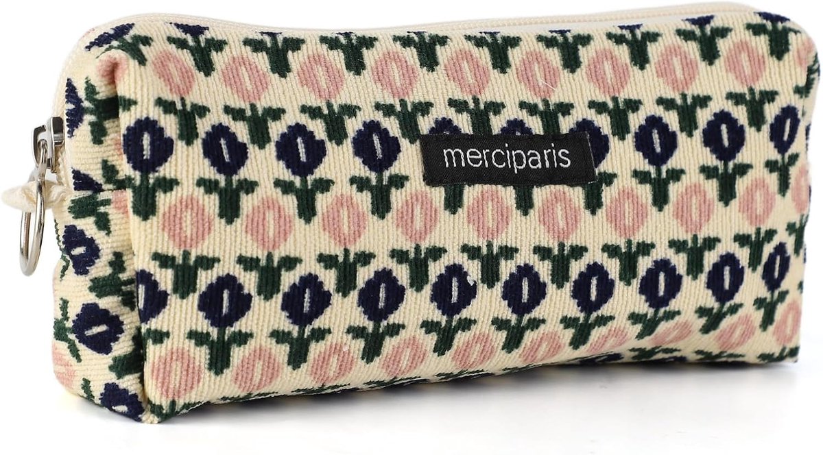 Pencil Case, Retro Style Corduroy, Lightweight, Can Be Hanged, Can Be Used as Pencil Case, Makeup Bag, Blue Floral - ShopVlot