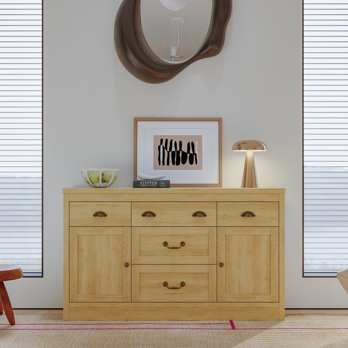 Dressoir 135x40x80 cm, houten buffetkast met 5 lades en 2 deuren, opbergkast met verstelbare planken, landelijke kast naturel houtkleur
