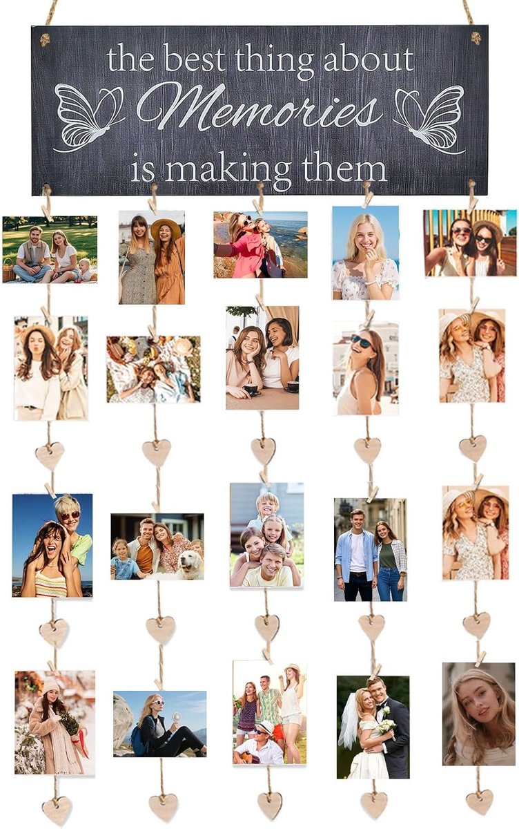 SnelShoppen - Fotohouder met Klemmen, 6 Touwen van 90 cm + 10 Clips + 5 Harten, Lichtgewicht en Robuust, Verstelbare Fotoklem, Geschikt voor Diverse F