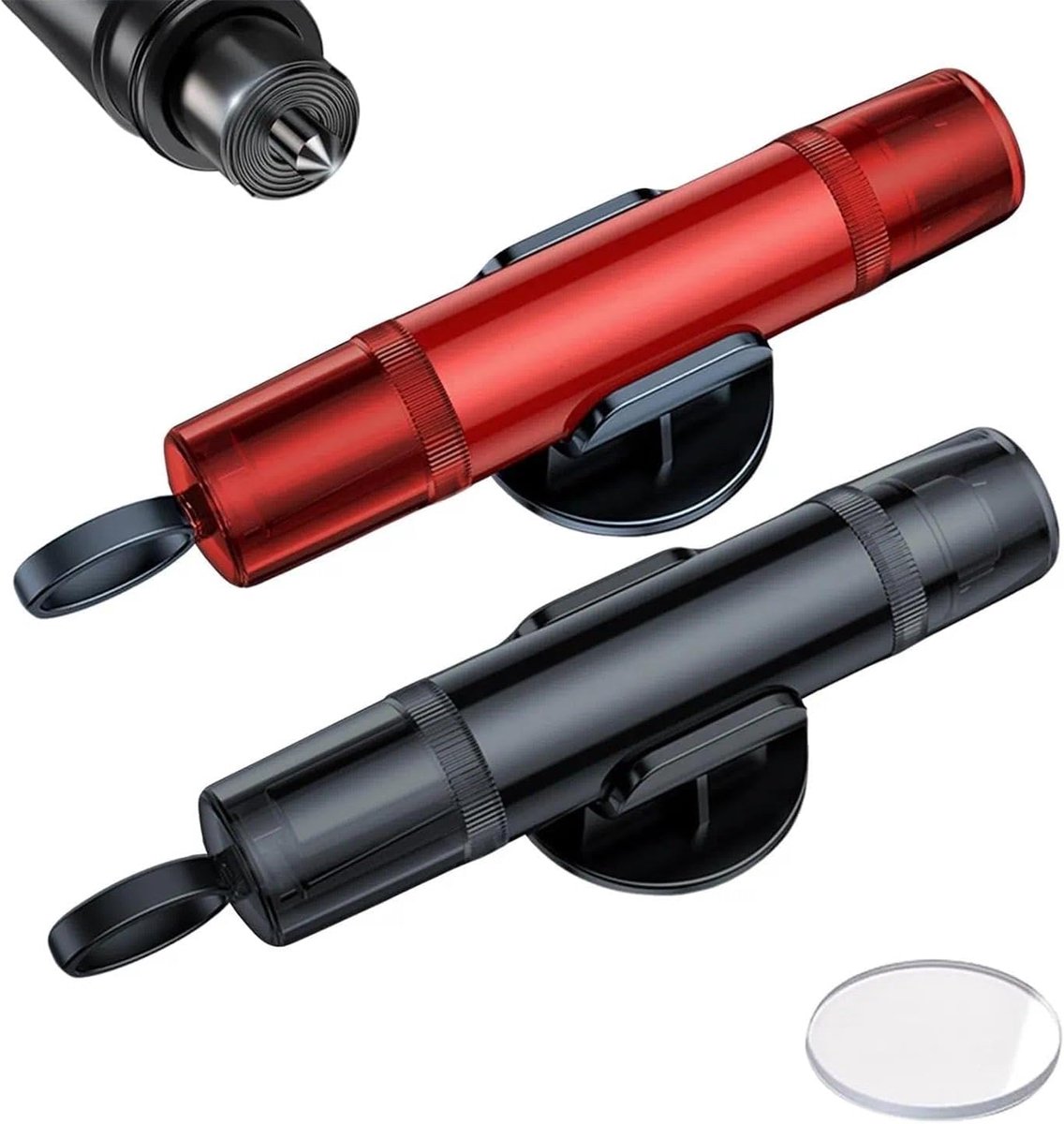 Set van 2 auto-noodhamers - raambreker - gordelsnijder - met standaard en testglas - autoraambreker/noodhamer - rood en zwart.