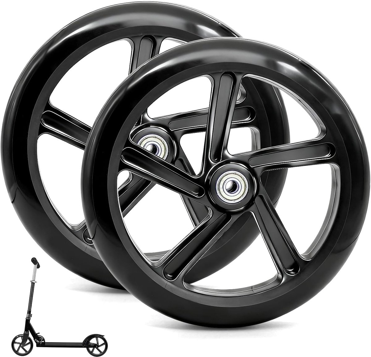 SnelShoppen - 2 Stuks 200mm Scooter Wielen met ABEC-9 Lagers, Antislip Stappenwielen voor Stadsscooter, Vervangwielen voor Diverse Wegen (Zwart)