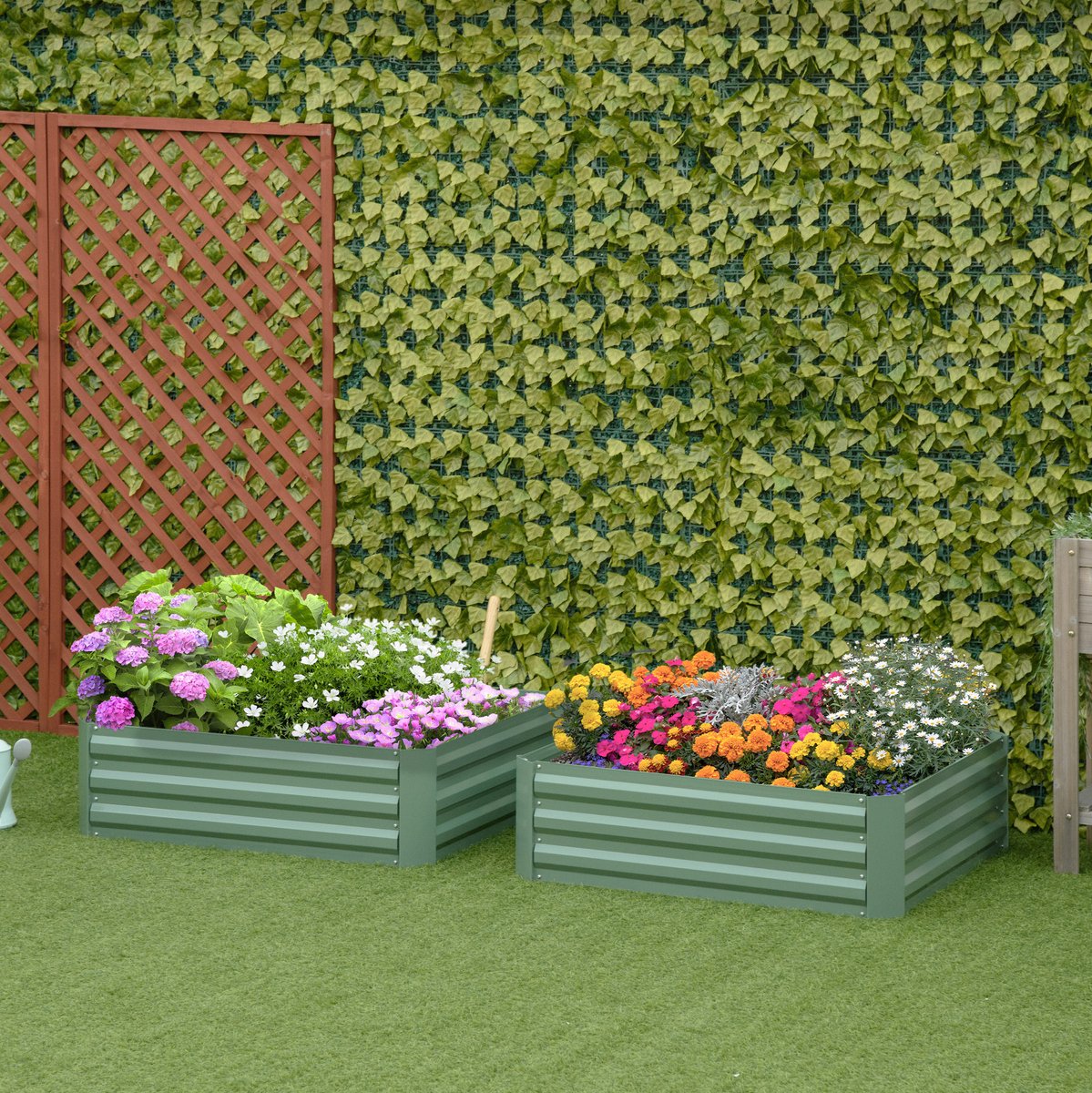 COVREO Moestuinbak 100x100x30 cm groen, van metaal met open bodem 2 stuks