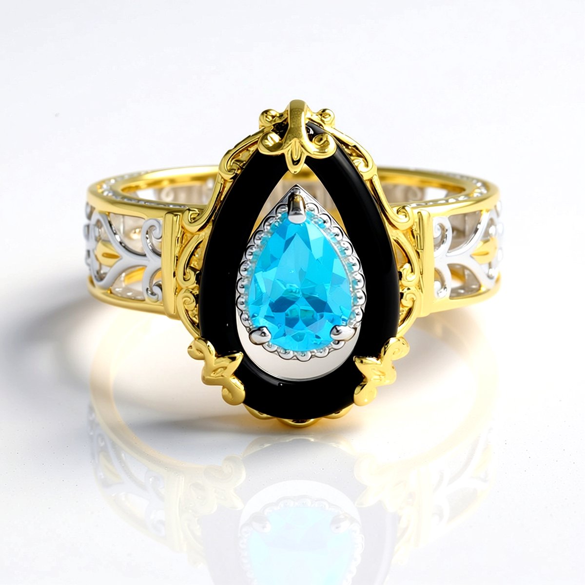 Cavill - Elegante Ring - 925 Sterling Zilver met Palladium - Zwarte Onyx 1,31 ct & Paraíba Topaas Peervorm 0,78 ct - Uniek Design