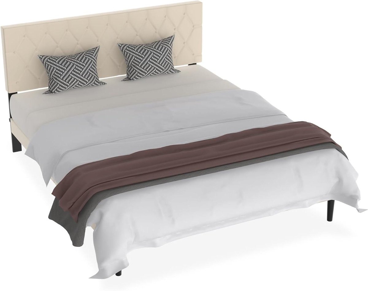 Metalen Bedframe - Tweepersoonsbed Logeerbed - Slaapkamer Inrichten - Met Leren Hoofdeinde - 160 x 200 cm - Beige
