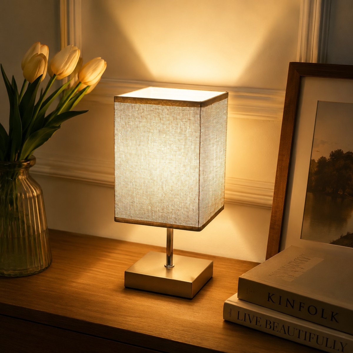 Nachtlampje Touch Dimmable, 3 Helderheidsniveaus Dimbare Tafellamp met Linnen Lampenkap en Inclusief E14 Lamp, voor Woonkamer, Slaapkamer, Hal - Grijs