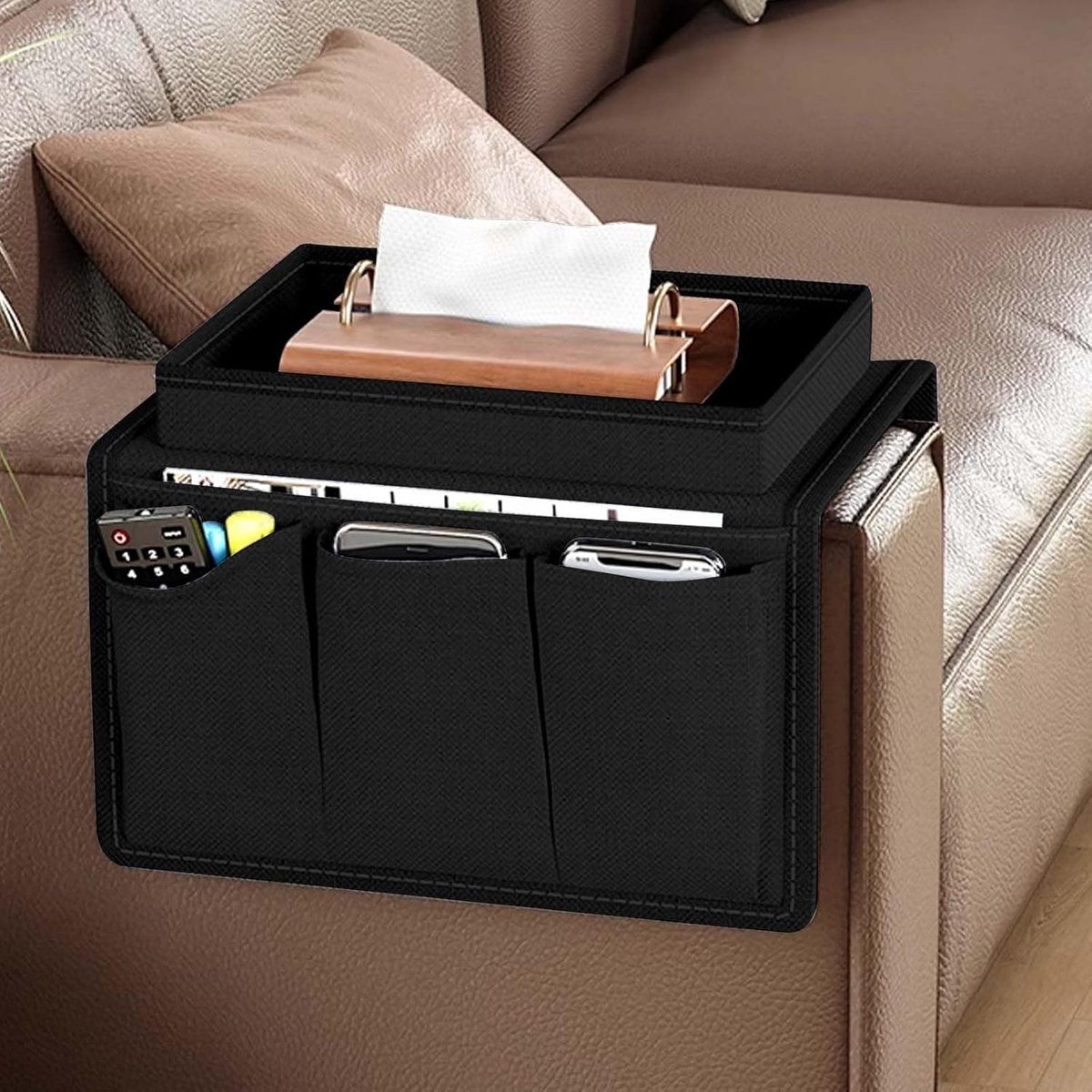 Armsteun voor bank, opbergtas, 5 zakken, armleuningorganizer, tablet- en telefoonholder, boekenrek, tijdschriftenhoudert, afstandsbedieningsslot (zwart)